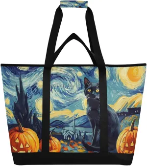 Cat Black Starry Night Large Insulated Reusable Tote Bag for Grocery Shopping for Women Men, Cooler Bag with Zippered Top & Handles for Travel Beach Picnic