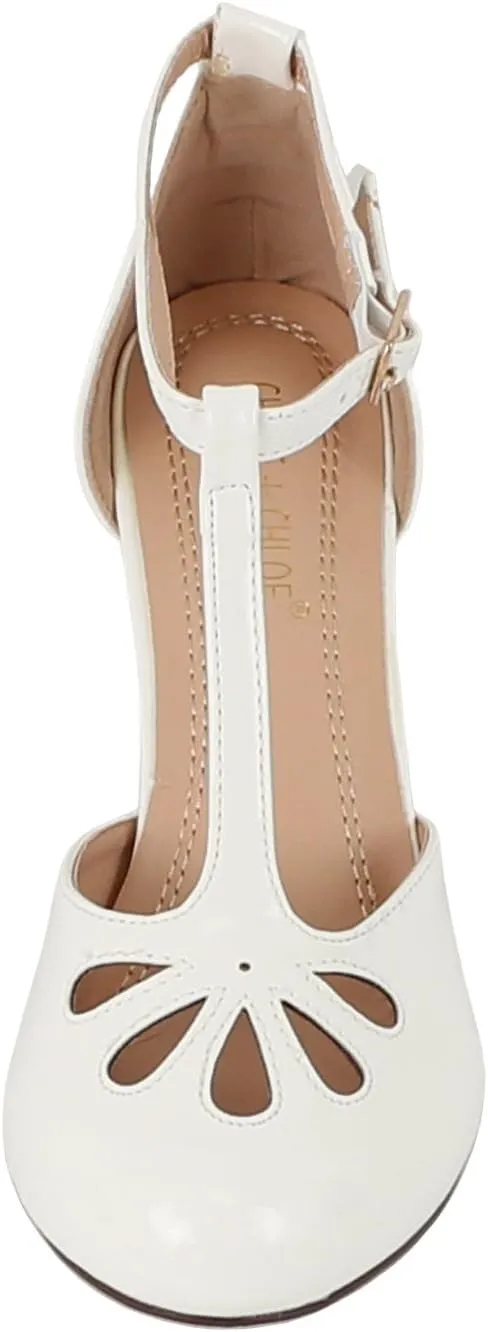 Chase & Chloe New Kimmy-36 Women's Teardrop Cut Out T-Strap Mid Heel Dress Pumps