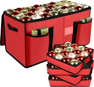 Christmas Ornament Storage Box with Dividers, Christmas Balls Storage Containers with Zipper & 8 Removable Trays, Holds Up to 128 Balls - 600D Oxford Christmas Decoration Storage Organizer, Red
