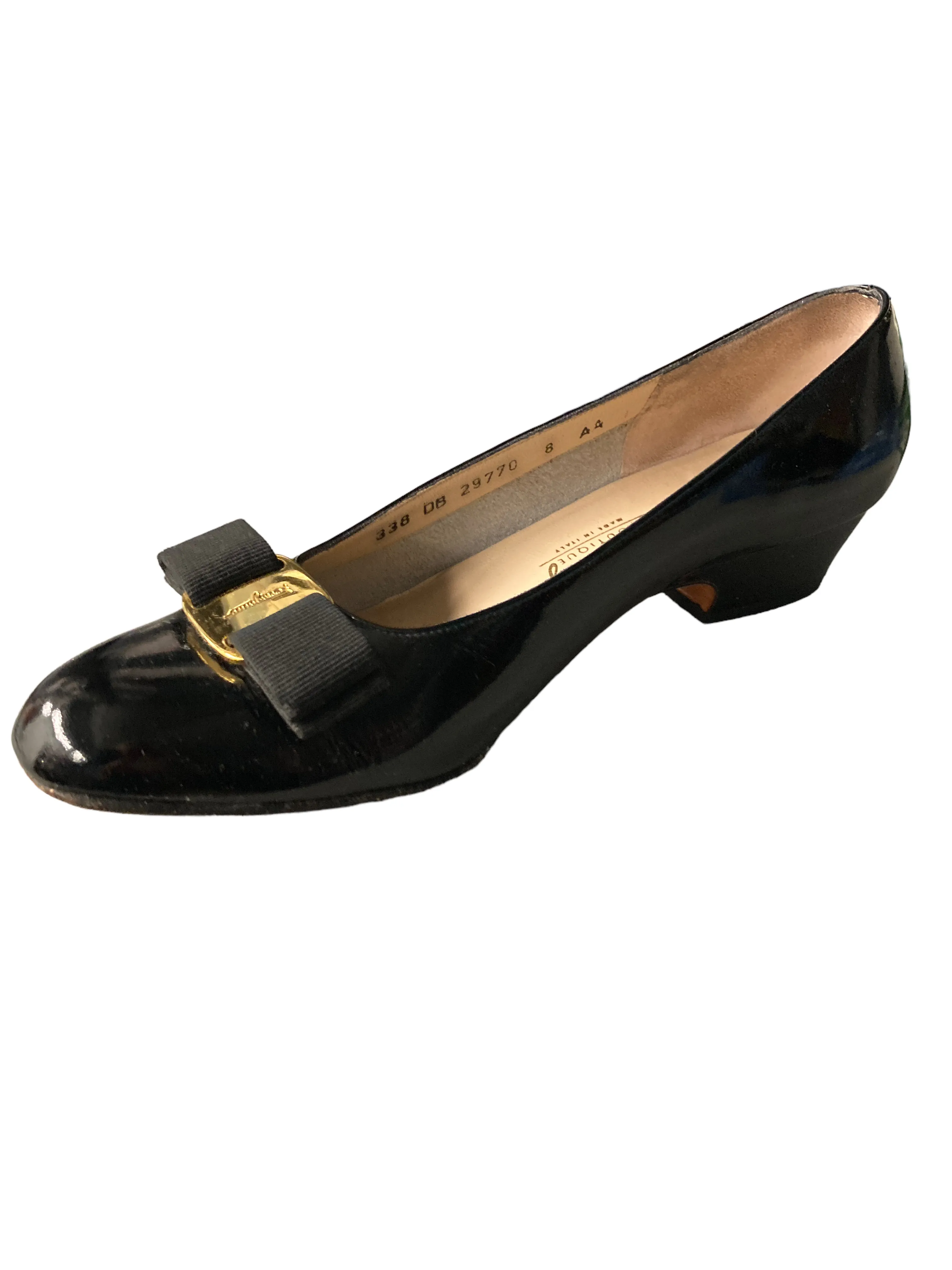 Classic Ferragamo Black Patent Leather Bow Low Heel Ballerina, 8AA