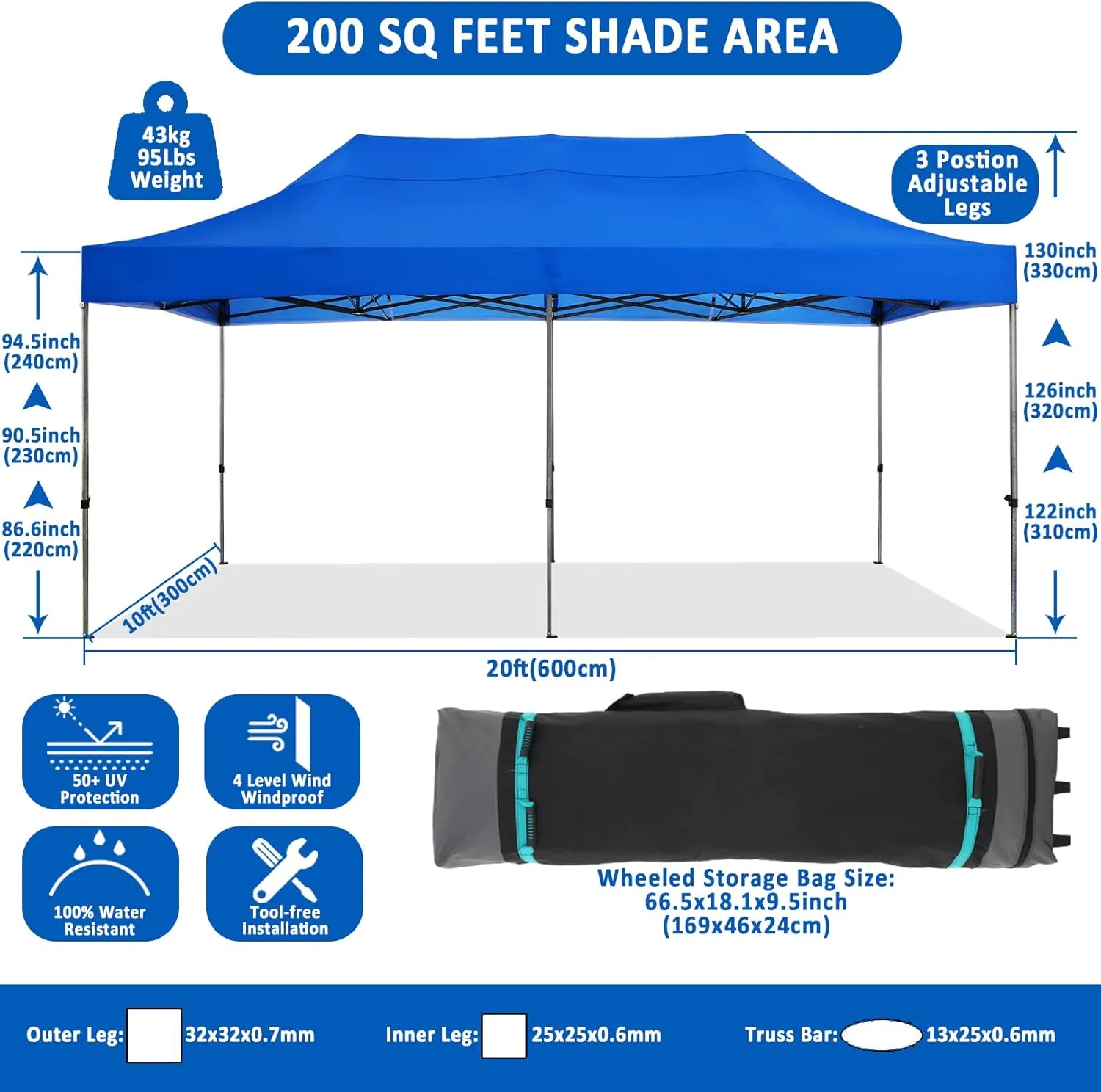 COBIZI 10x20 Pop Up Canopy Without Sidewall,Heavy Duty Canopy UPF 50  All Season Wind Waterproof Commercial Outdoor Wedding Party Tents for Parties Canopy Gazebo with Roller Bag(10 x 20 ft Blue)