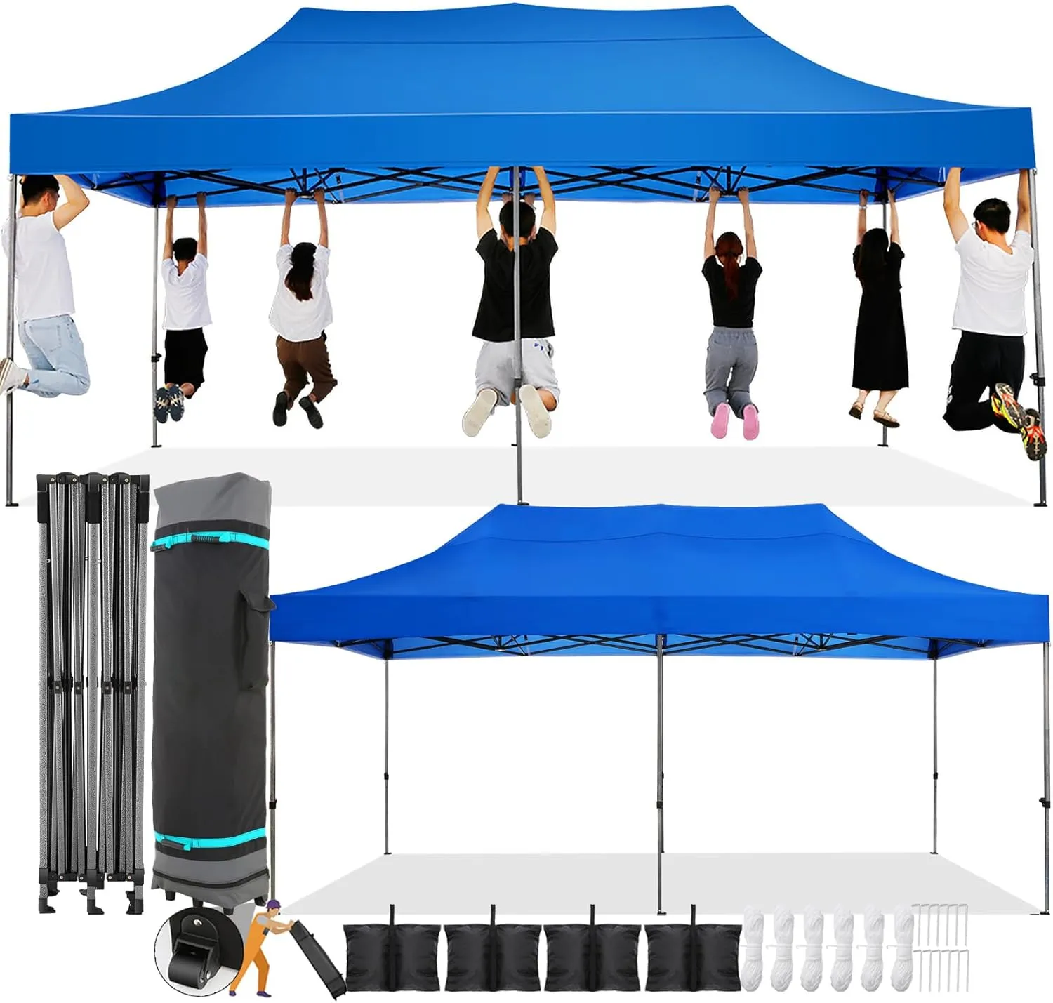 COBIZI 10x20 Pop Up Canopy Without Sidewall,Heavy Duty Canopy UPF 50  All Season Wind Waterproof Commercial Outdoor Wedding Party Tents for Parties Canopy Gazebo with Roller Bag(10 x 20 ft Blue)