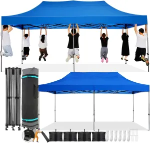 COBIZI 10x20 Pop Up Canopy Without Sidewall,Heavy Duty Canopy UPF 50  All Season Wind Waterproof Commercial Outdoor Wedding Party Tents for Parties Canopy Gazebo with Roller Bag(10 x 20 ft Blue)