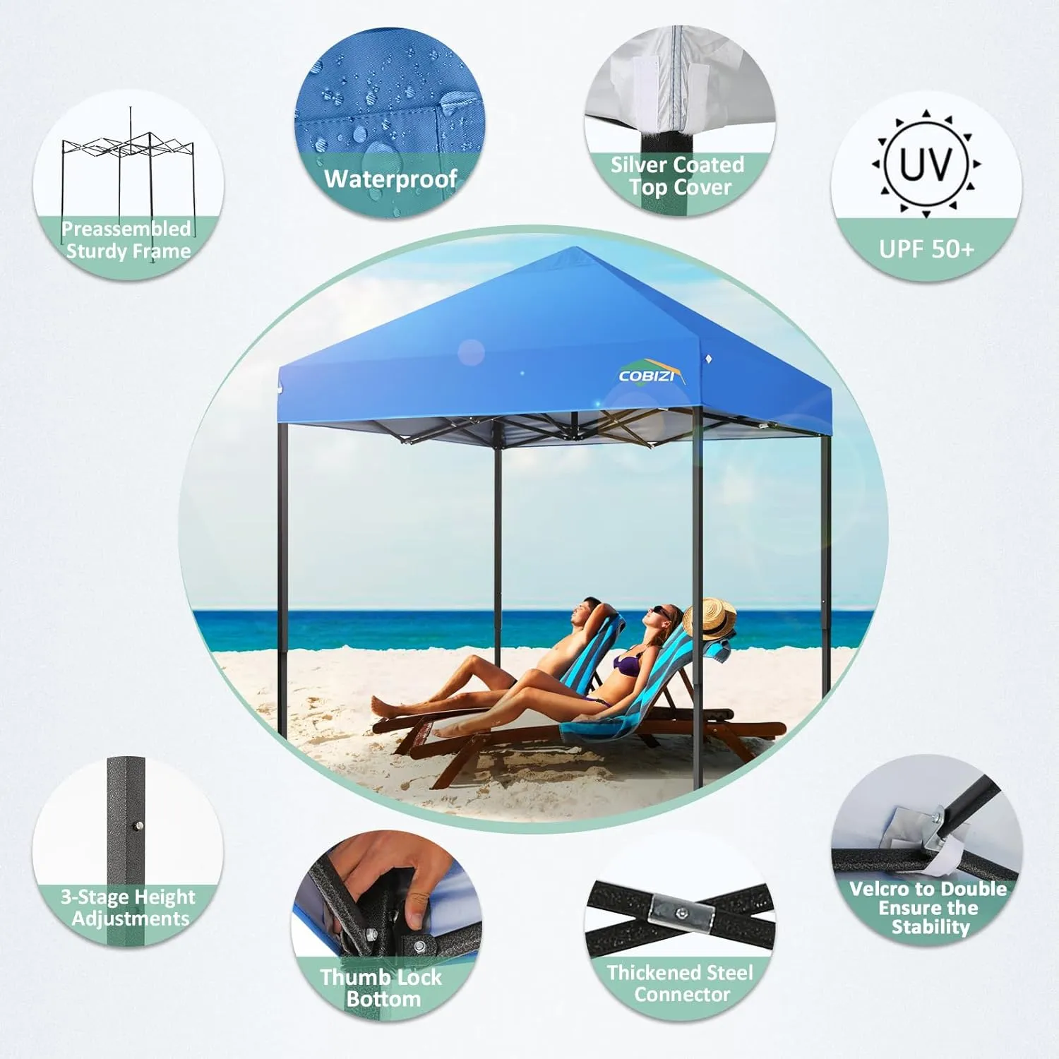 COBIZI 6.6x6.6ft Pop Up Canopy Tent, Heavy Duty Canopy Easy Set up All Weather Waterproof Outdoor Canopy Tent for Parties, Beach, Garden, Camping with 1 Handbag, 3 Adjustable Heights, UPF50 , Blue