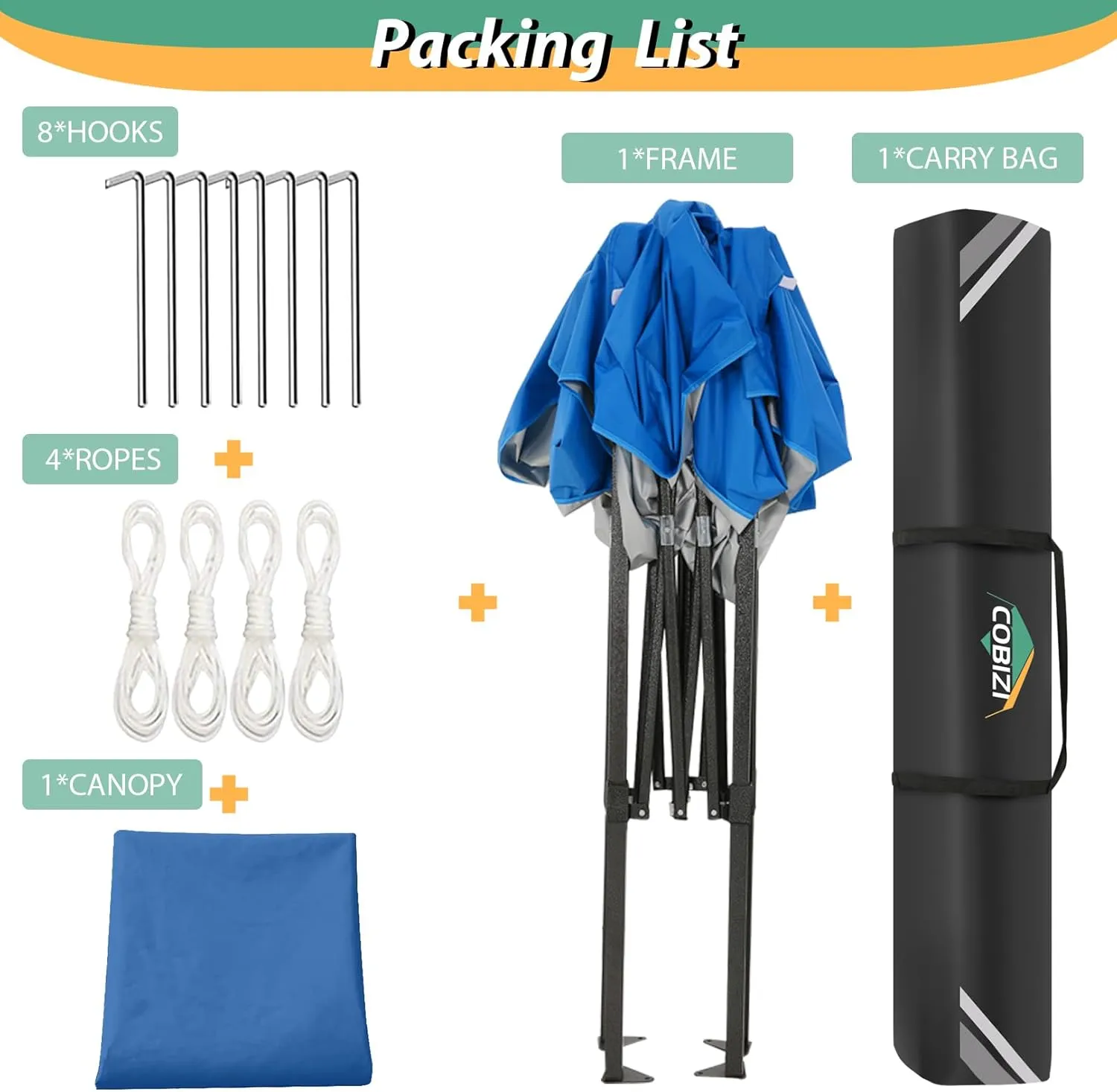 COBIZI 6.6x6.6ft Pop Up Canopy Tent, Heavy Duty Canopy Easy Set up All Weather Waterproof Outdoor Canopy Tent for Parties, Beach, Garden, Camping with 1 Handbag, 3 Adjustable Heights, UPF50 , Blue