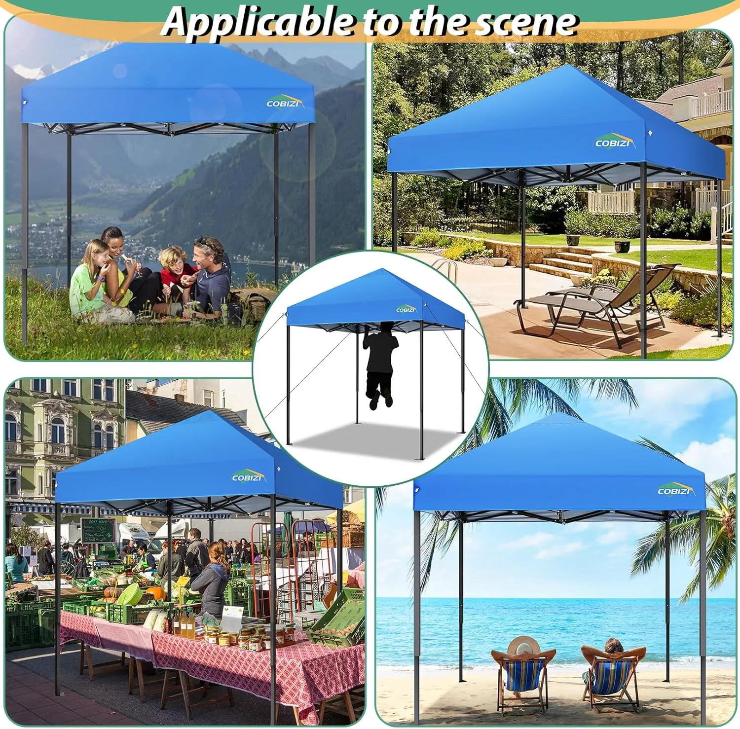 COBIZI 6.6x6.6ft Pop Up Canopy Tent, Heavy Duty Canopy Easy Set up All Weather Waterproof Outdoor Canopy Tent for Parties, Beach, Garden, Camping with 1 Handbag, 3 Adjustable Heights, UPF50 , Blue
