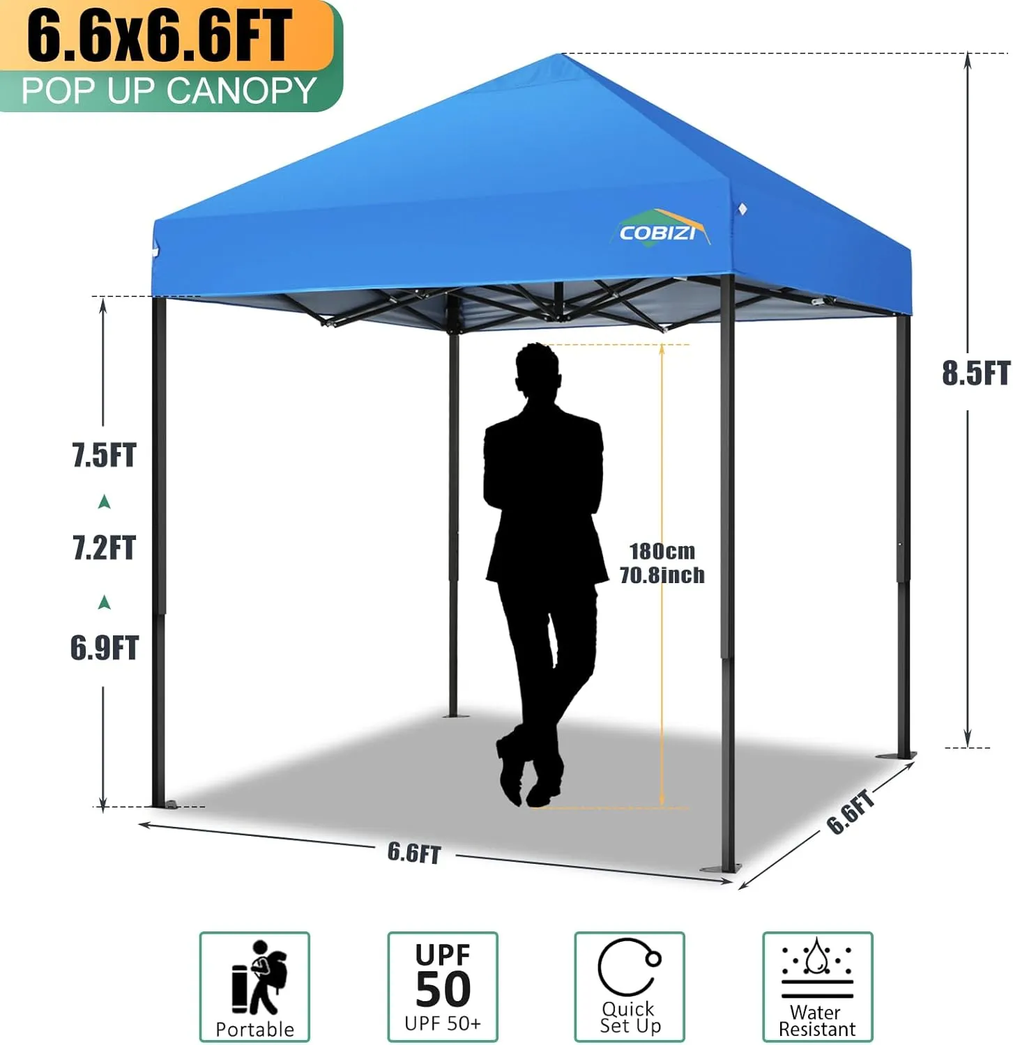 COBIZI 6.6x6.6ft Pop Up Canopy Tent, Heavy Duty Canopy Easy Set up All Weather Waterproof Outdoor Canopy Tent for Parties, Beach, Garden, Camping with 1 Handbag, 3 Adjustable Heights, UPF50 , Blue