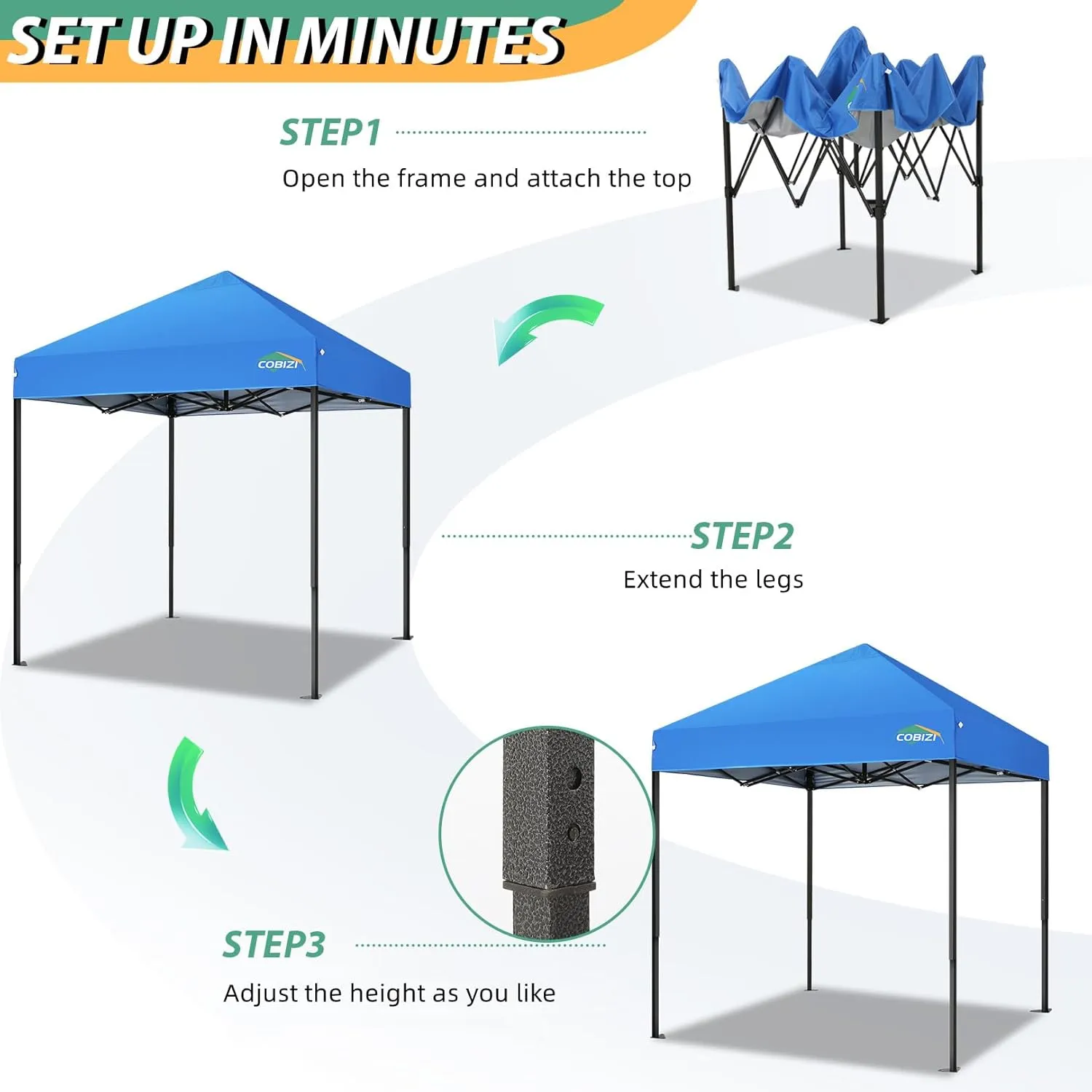 COBIZI 6.6x6.6ft Pop Up Canopy Tent, Heavy Duty Canopy Easy Set up All Weather Waterproof Outdoor Canopy Tent for Parties, Beach, Garden, Camping with 1 Handbag, 3 Adjustable Heights, UPF50 , Blue