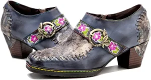 CrazycatZ Leather Pumps,Womens Colorful Vintage Block Heel Color Floral Oxford Shoes