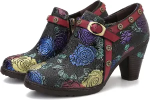 CrazycatZ Leather Pumps,Womens Colorful Vintage Block Heel Floral Oxford Shoes