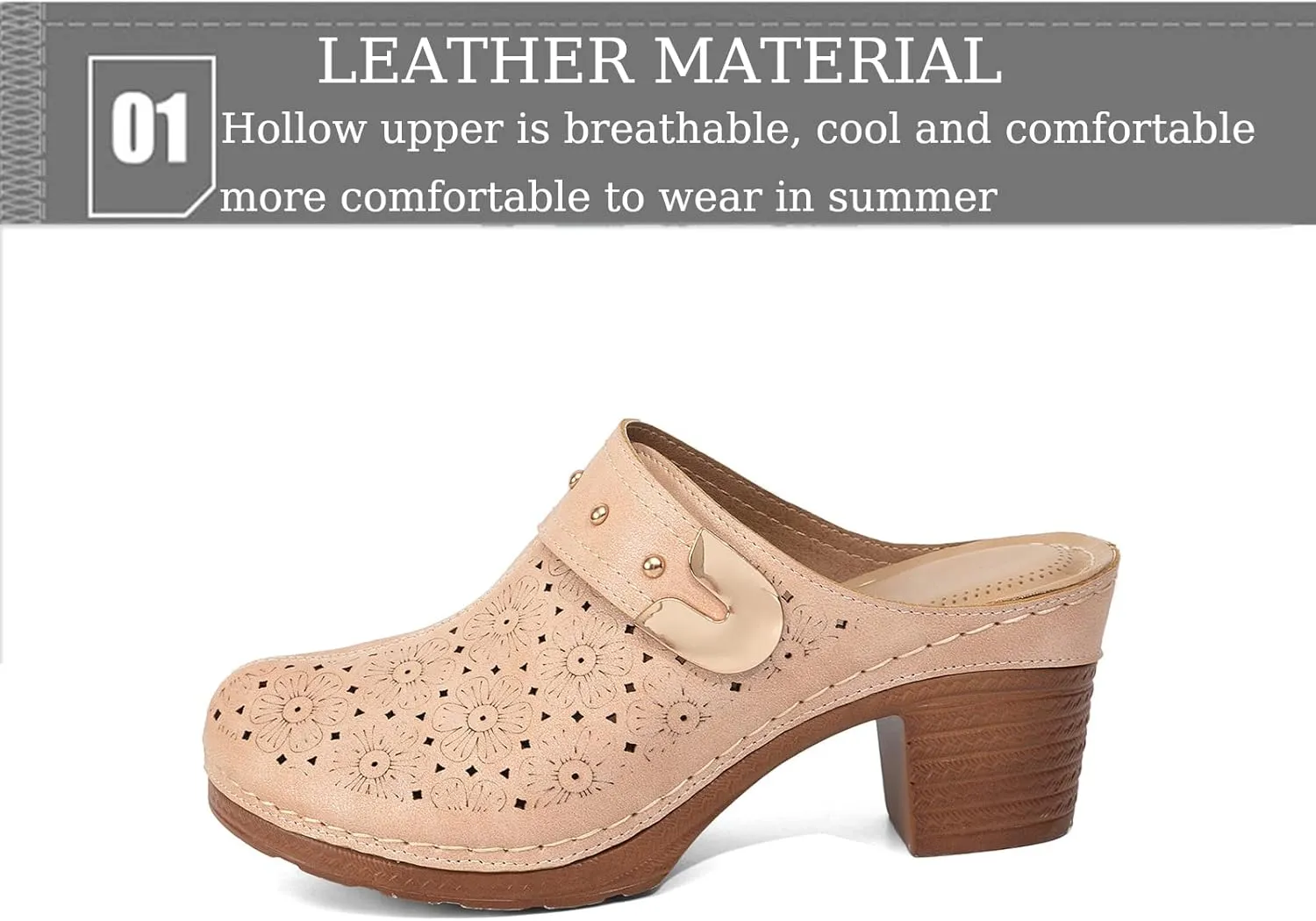 Crepuscute Women's Platform Chunky Heel Mules Sandals,Hollow Out Leather Mid-Heel Retro Clogs Backless Closed Toe Round Toe Slip On Non-Slip Sandals