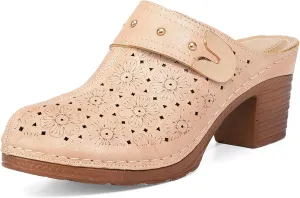 Crepuscute Women's Platform Chunky Heel Mules Sandals,Hollow Out Leather Mid-Heel Retro Clogs Backless Closed Toe Round Toe Slip On Non-Slip Sandals