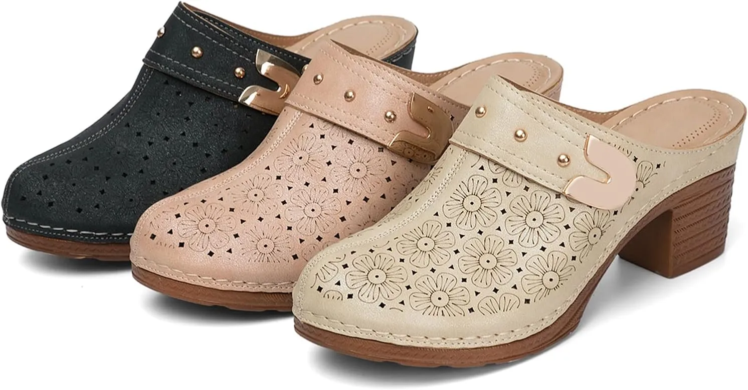Crepuscute Women's Platform Chunky Heel Mules Sandals,Hollow Out Leather Mid-Heel Retro Clogs Backless Closed Toe Round Toe Slip On Non-Slip Sandals