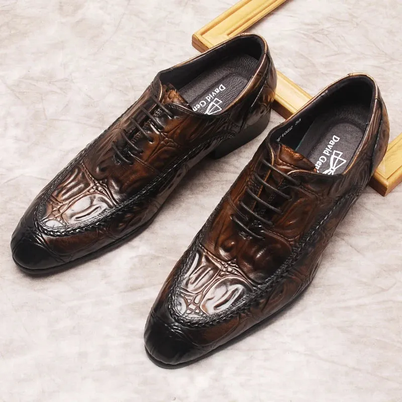 Crocodile Pattern Oxford Casual Shoes for Men, Genuine Cow Leather  Dress Shoes, Available in Black and Brown, Lace-Up Formal Footwear