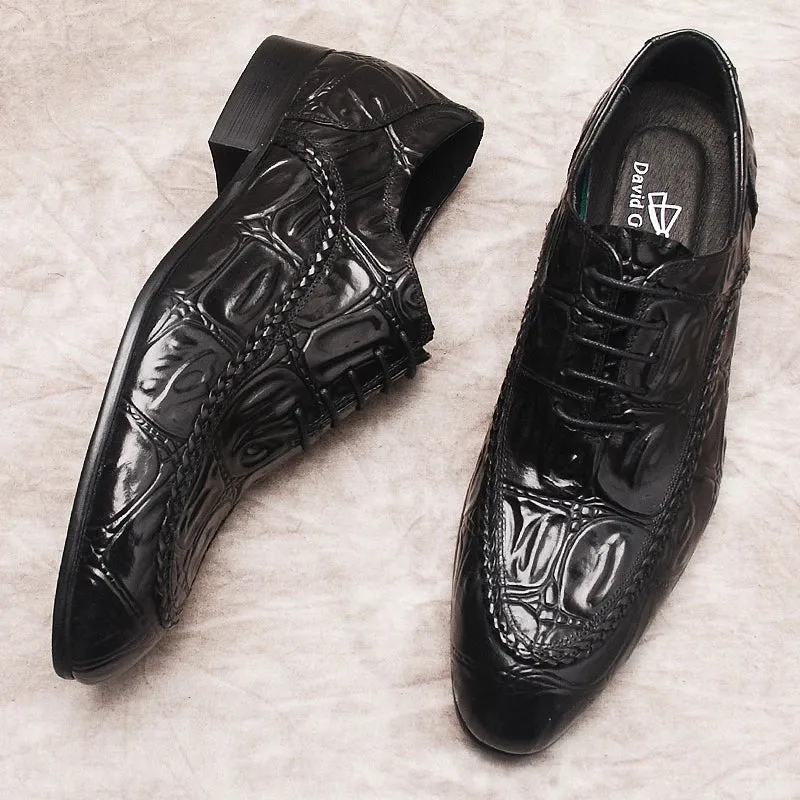 Crocodile Pattern Oxford Casual Shoes for Men, Genuine Cow Leather  Dress Shoes, Available in Black and Brown, Lace-Up Formal Footwear