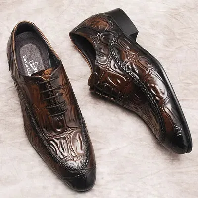 Crocodile Pattern Oxford Casual Shoes for Men, Genuine Cow Leather  Dress Shoes, Available in Black and Brown, Lace-Up Formal Footwear