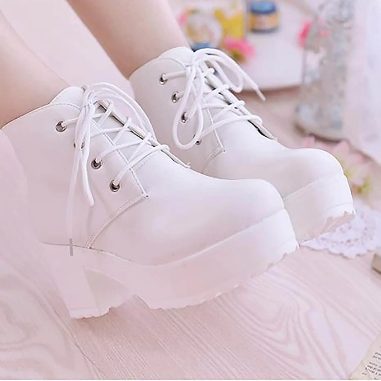 Ctreela Womens Goth Platform Combat Boots Chunky Black Block Heels Lace up Ankle Booties Round Toe Shoes Motorcycle Wedges