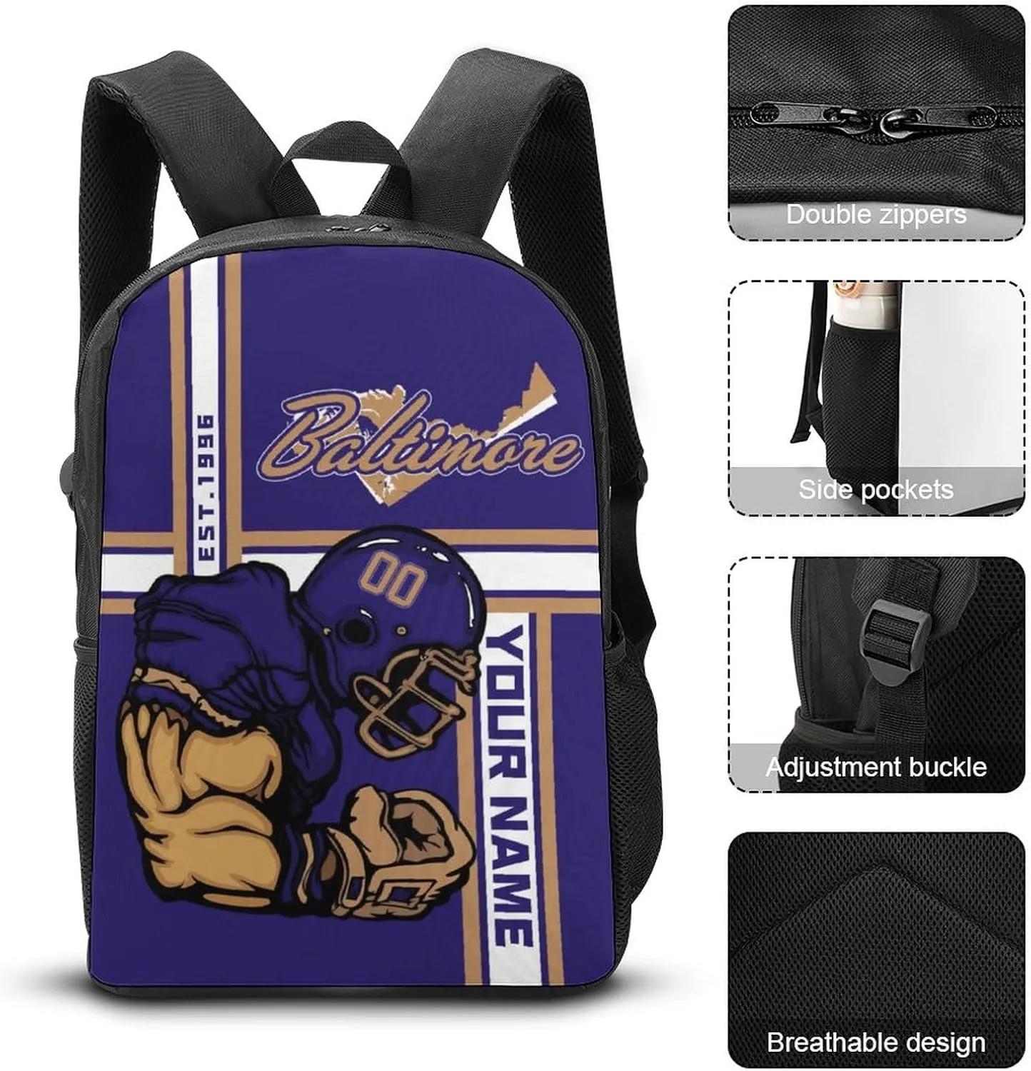 Custom Shoulder Baltimore Backpack Personalized Any Name Number 17 Inch Large Capacity Laptop Bag Bookbag Gifts for Men Women