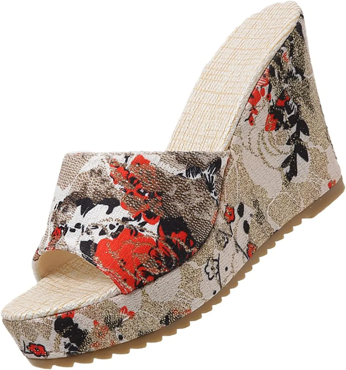 DirraBra Ladies Fashion Flower Cloth Thick Bottom Wedge Heel Slides Non Slip Fish Mouth Sandals Slip on Comfort Outdoor Beach Boho Slippers