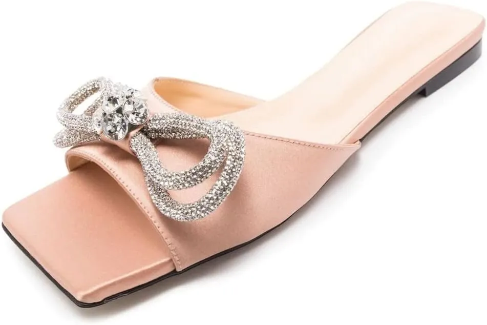 Divanne Slide Sandals for Women, Rhinestone Sandal Flats Bow Slippers Comfort Dressy Flat Slides
