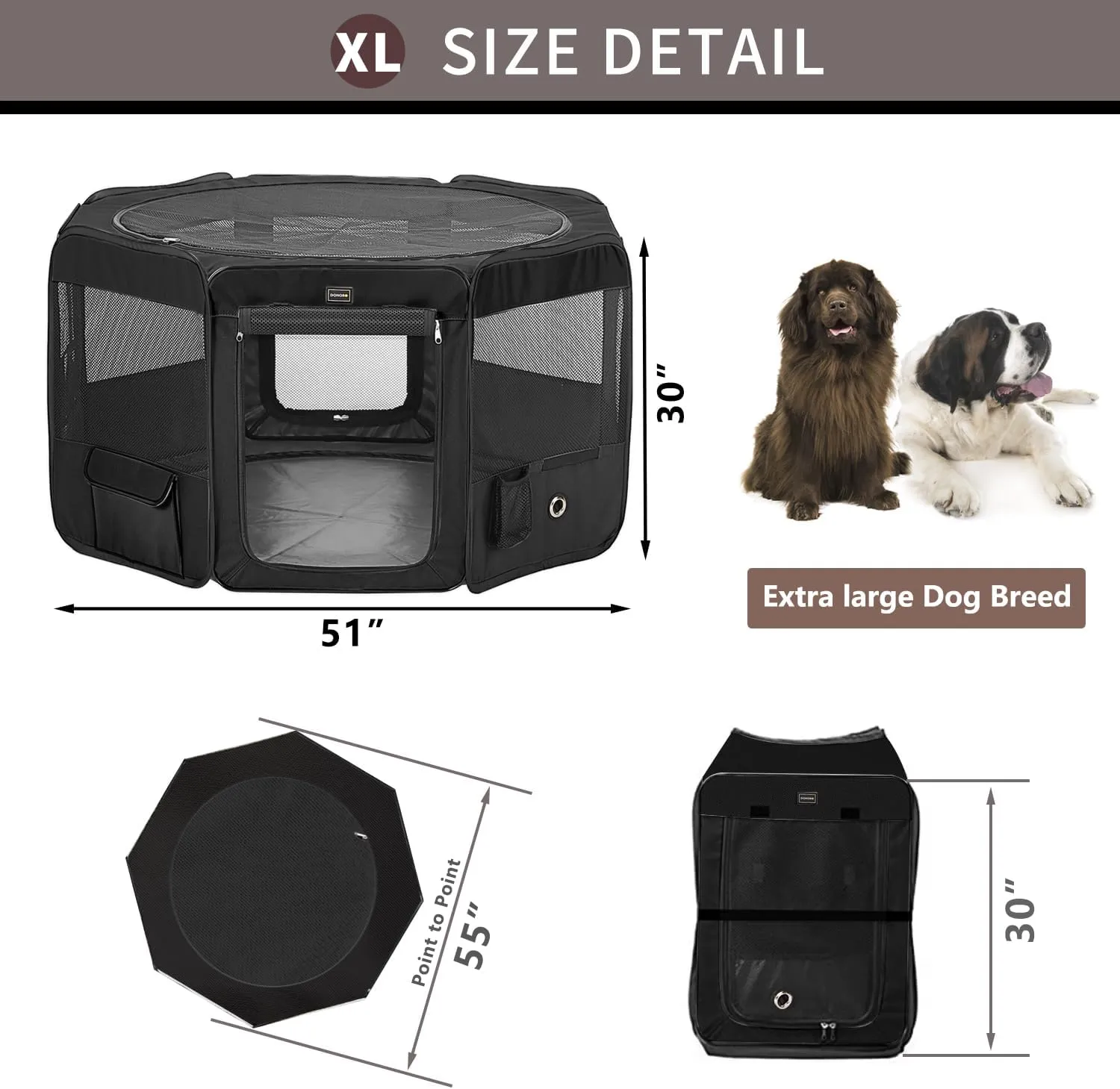 DONORO Dog Playpen Portable Pet Play Pens for Small Dog/Cat/Rabbit/Chicks, Cat Playpen Indoor/Outdoor with Carring Case, Removable Zipper Top and Bottom (Black, Extra Large (55"x55"x30"), 8)