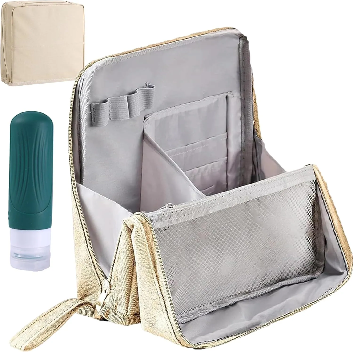 Doresty Makeup Bag, Standing Makeup Bag – Portable, Large Capacity, Vertical Large Opening Waterproof Multifunctional Make up Bags with Compartments, Smart Partitioning, Travel-Friendly (Beige)