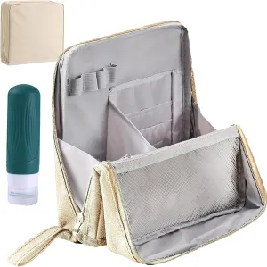 Doresty Makeup Bag, Standing Makeup Bag – Portable, Large Capacity, Vertical Large Opening Waterproof Multifunctional Make up Bags with Compartments, Smart Partitioning, Travel-Friendly (Beige)