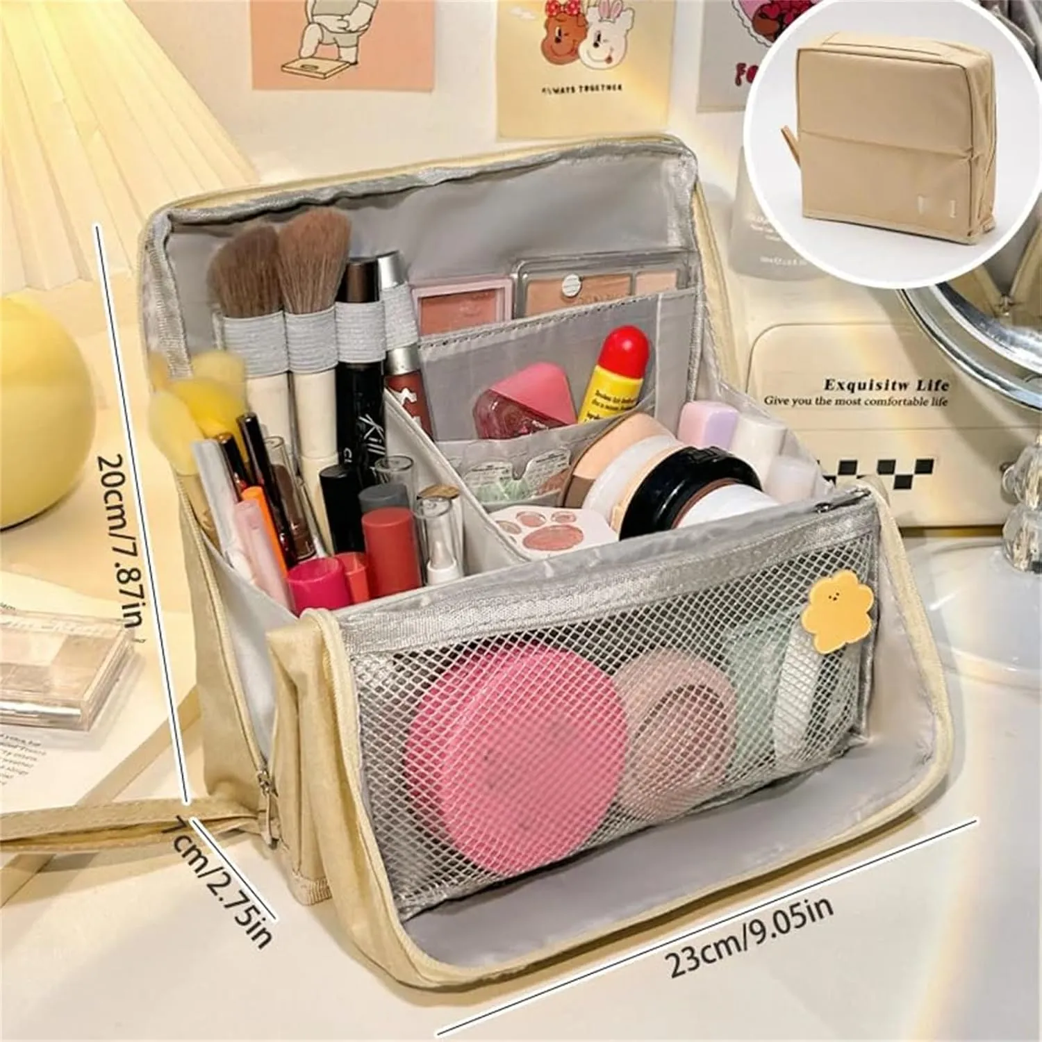 Doresty Makeup Bag, Standing Makeup Bag – Portable, Large Capacity, Vertical Large Opening Waterproof Multifunctional Make up Bags with Compartments, Smart Partitioning, Travel-Friendly (Beige)