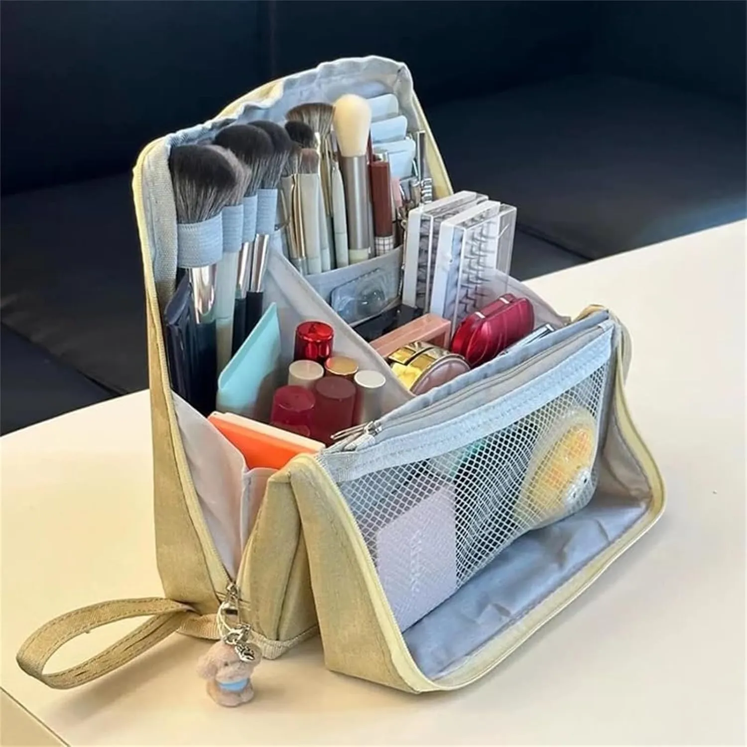 Doresty Makeup Bag, Standing Makeup Bag – Portable, Large Capacity, Vertical Large Opening Waterproof Multifunctional Make up Bags with Compartments, Smart Partitioning, Travel-Friendly (Beige)
