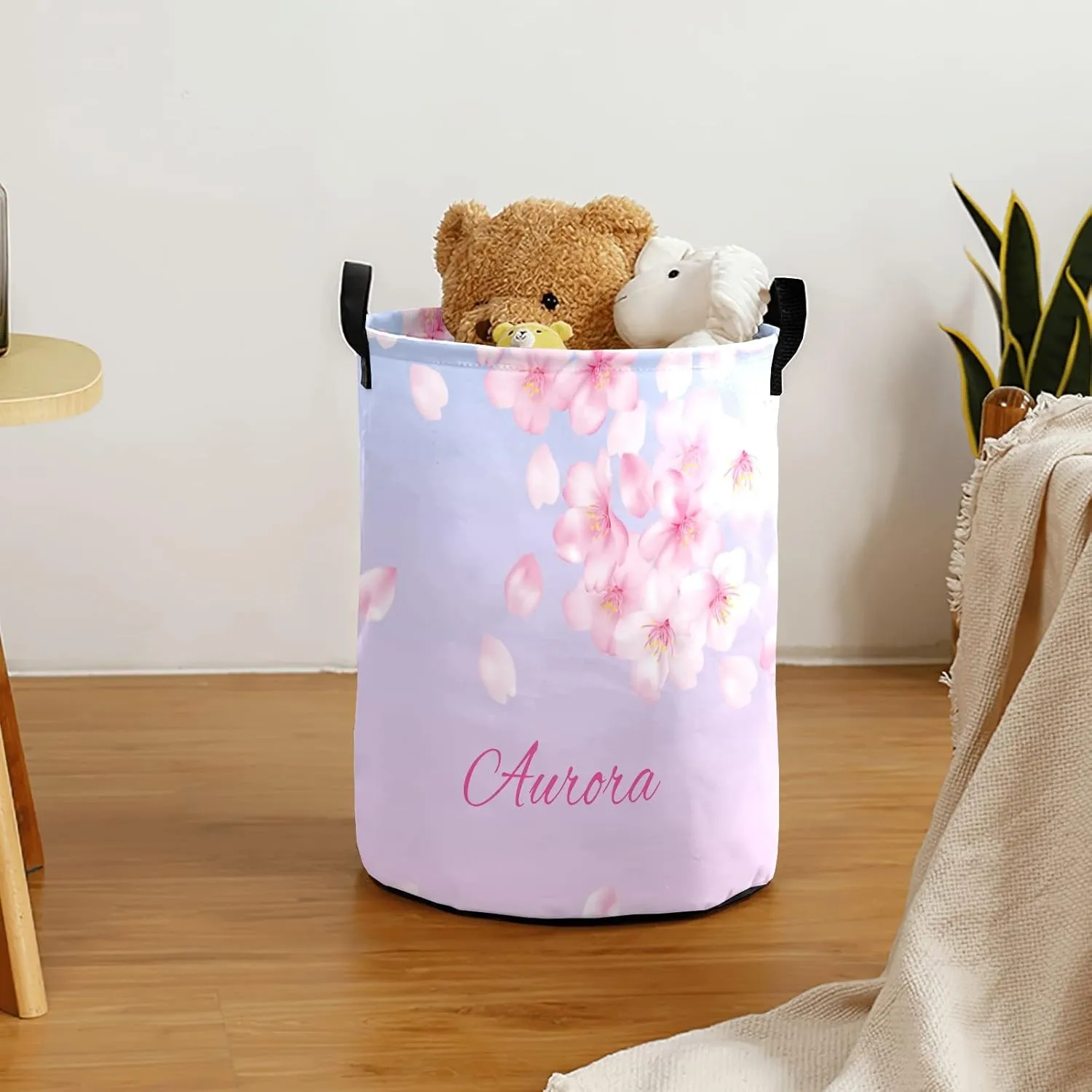 Dropping Cherry Blossom Personalized Waterproof Foldable Laundry Basket Bag with Handle, Custom Collapsible Clothes Hamper Storage Bin for Toys Laundry Dorm Travel Bathroom