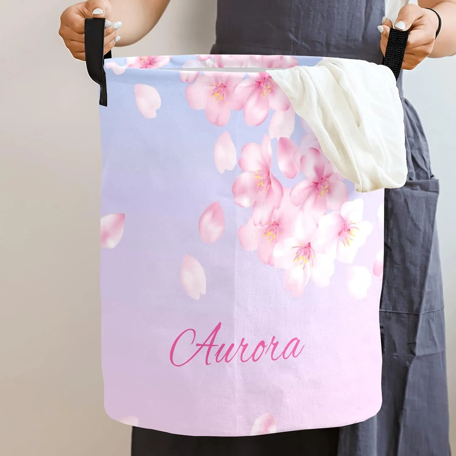 Dropping Cherry Blossom Personalized Waterproof Foldable Laundry Basket Bag with Handle, Custom Collapsible Clothes Hamper Storage Bin for Toys Laundry Dorm Travel Bathroom