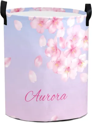 Dropping Cherry Blossom Personalized Waterproof Foldable Laundry Basket Bag with Handle, Custom Collapsible Clothes Hamper Storage Bin for Toys Laundry Dorm Travel Bathroom