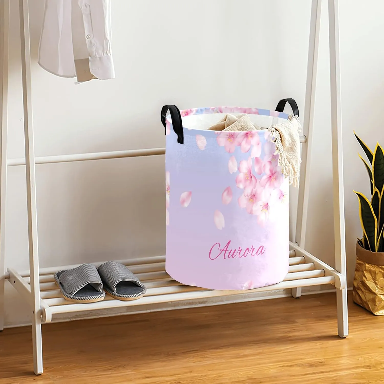 Dropping Cherry Blossom Personalized Waterproof Foldable Laundry Basket Bag with Handle, Custom Collapsible Clothes Hamper Storage Bin for Toys Laundry Dorm Travel Bathroom