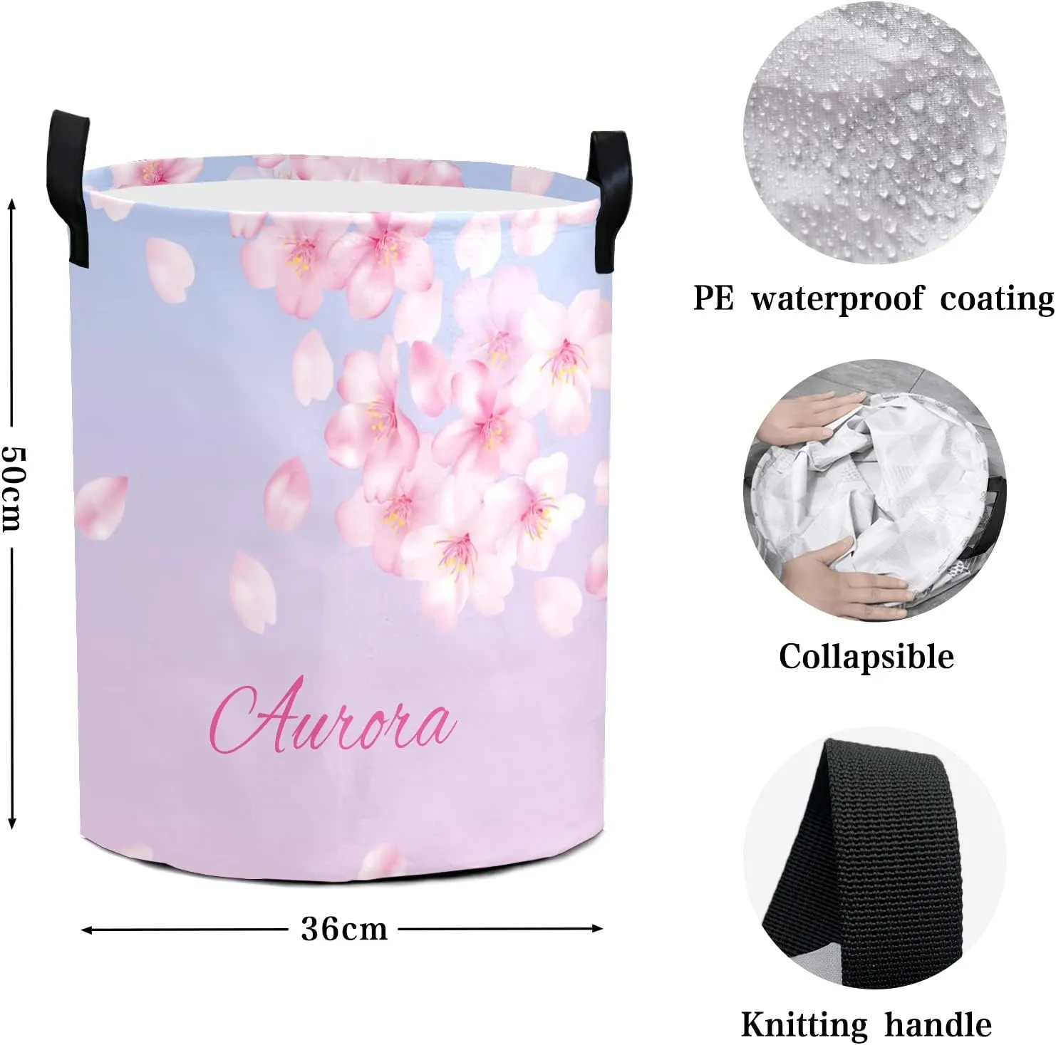 Dropping Cherry Blossom Personalized Waterproof Foldable Laundry Basket Bag with Handle, Custom Collapsible Clothes Hamper Storage Bin for Toys Laundry Dorm Travel Bathroom