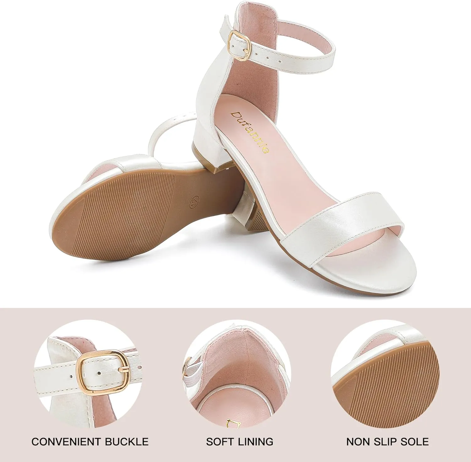 Dufannie Girls Sandals Low Heels Dress Pump Ankle Strap Open Toe Flower Girl Wedding Party for Toddler Little Big Kid