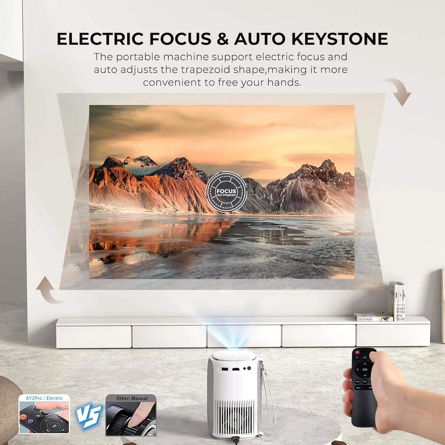 [Electric Focus & Auto Keystone] Mini Projector With WiFi And Bluetooth, ONOAYO GivingYou AY2Pro Portable Projector 550 ANSI, Ultra Low Noise & Lens Cap Dustproof, Outdoor Projector For Phone/Laptop