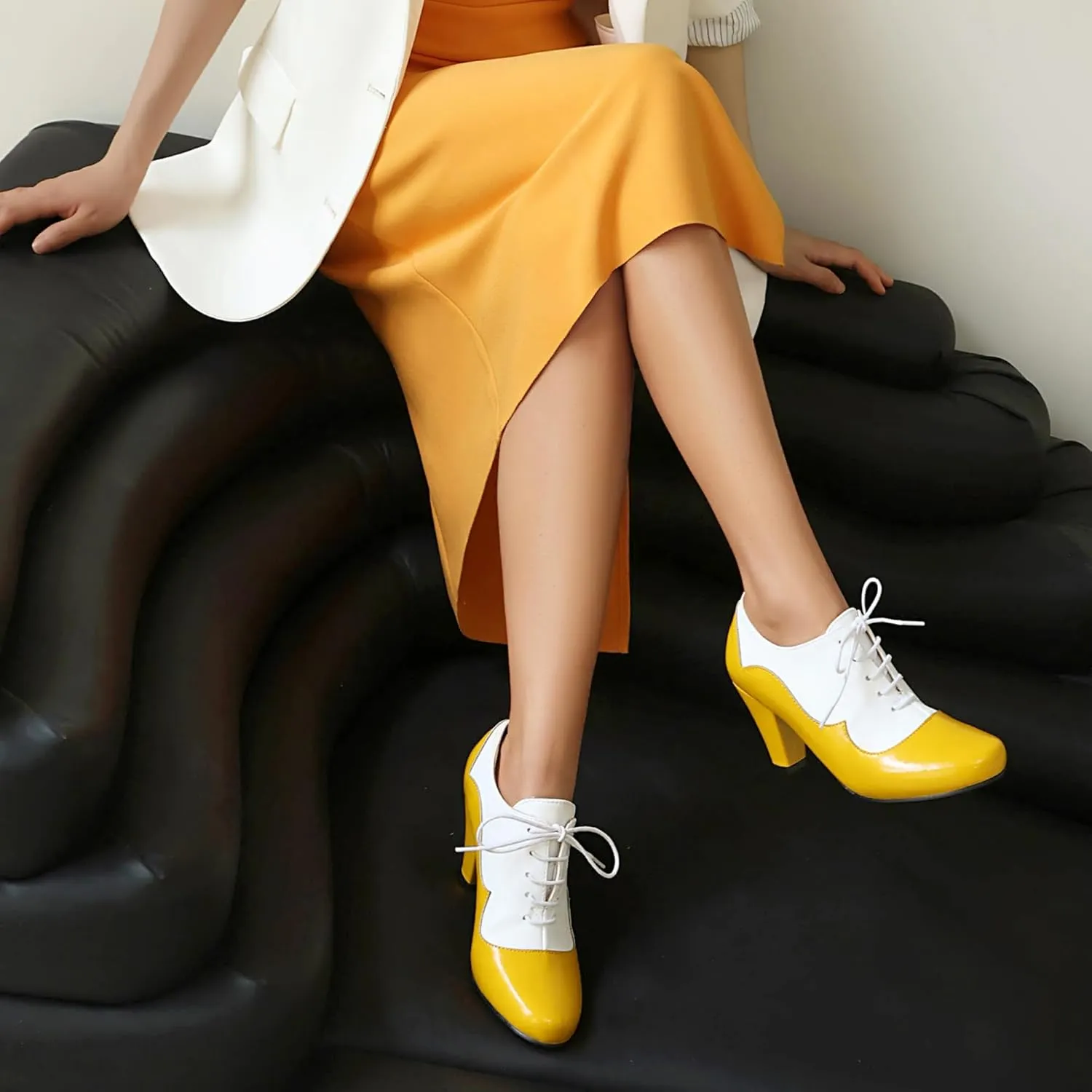 Elerhythm Women's Mary Jane 1920s Pump Heels Oxford Classic and Retro Lace Up Two Tones 1950s Vintage Round Closed Toe 1940s Shoes