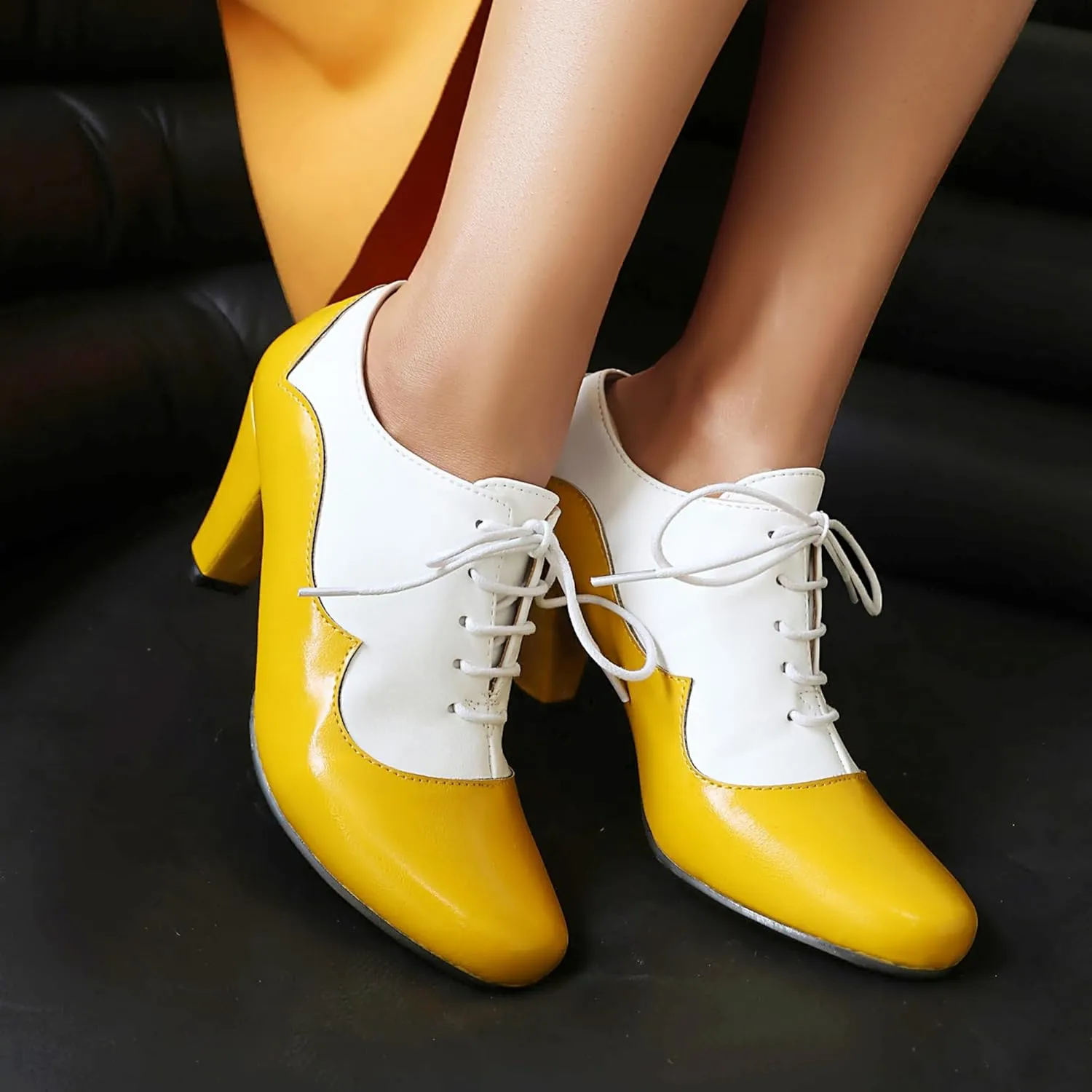 Elerhythm Women's Mary Jane 1920s Pump Heels Oxford Classic and Retro Lace Up Two Tones 1950s Vintage Round Closed Toe 1940s Shoes