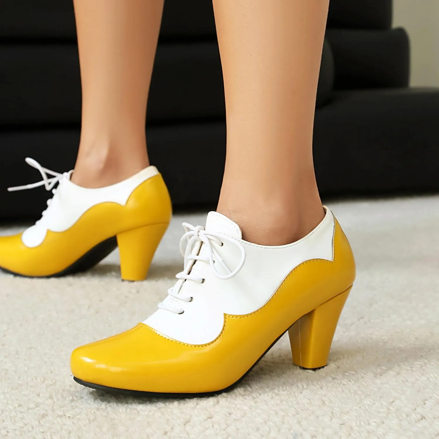 Elerhythm Women's Mary Jane 1920s Pump Heels Oxford Classic and Retro Lace Up Two Tones 1950s Vintage Round Closed Toe 1940s Shoes