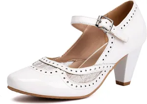 Elerhythm Women's Mary Jane Lace Flower Closed Round Toe Vintage Heels Gatsby 1950s Pumps 1920s Victorian Retro Shoes