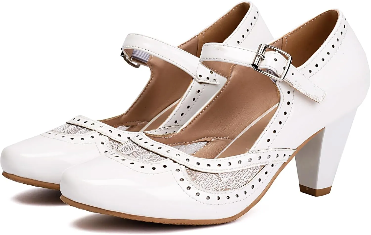 Elerhythm Women's Mary Jane Lace Flower Closed Round Toe Vintage Heels Gatsby 1950s Pumps 1920s Victorian Retro Shoes
