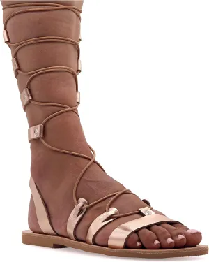 Emmanuela Ancient Greek Style Calf High Leather Sandals, Handmade Open Toe Flat Gladiator Sandals, Quality Tie up Strappy Summer Shoes for Women, Boho Chic Rose Gold Silver White Black