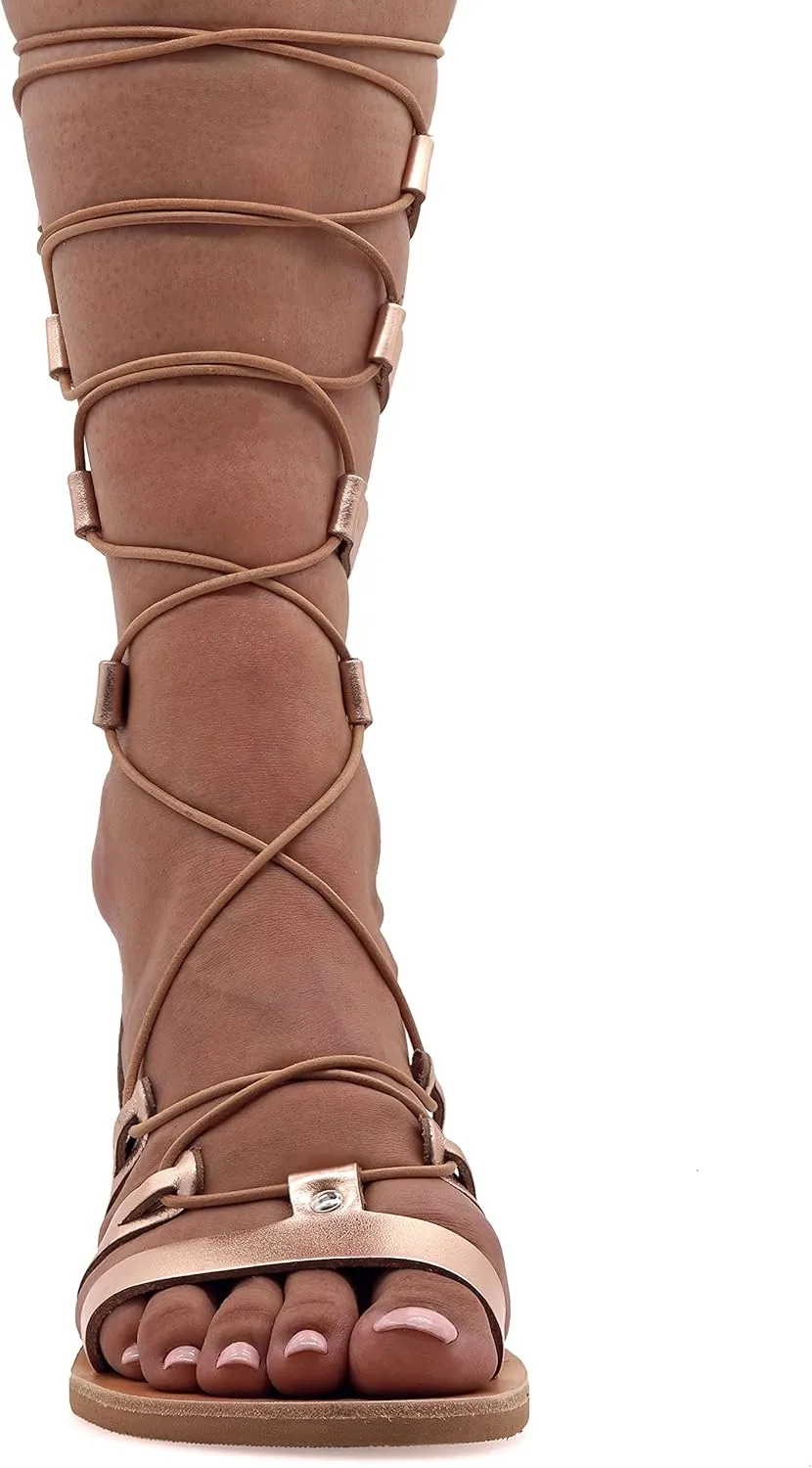 Emmanuela Ancient Greek Style Calf High Leather Sandals, Handmade Open Toe Flat Gladiator Sandals, Quality Tie up Strappy Summer Shoes for Women, Boho Chic Rose Gold Silver White Black