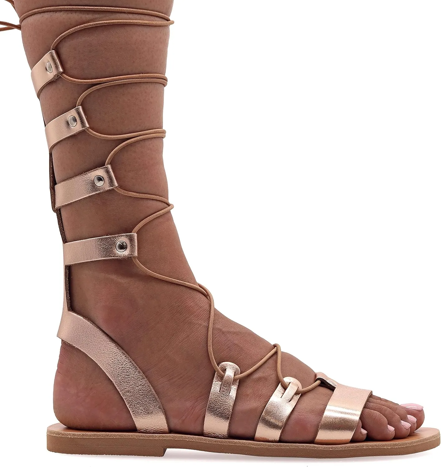 Emmanuela Ancient Greek Style Calf High Leather Sandals, Handmade Open Toe Flat Gladiator Sandals, Quality Tie up Strappy Summer Shoes for Women, Boho Chic Rose Gold Silver White Black