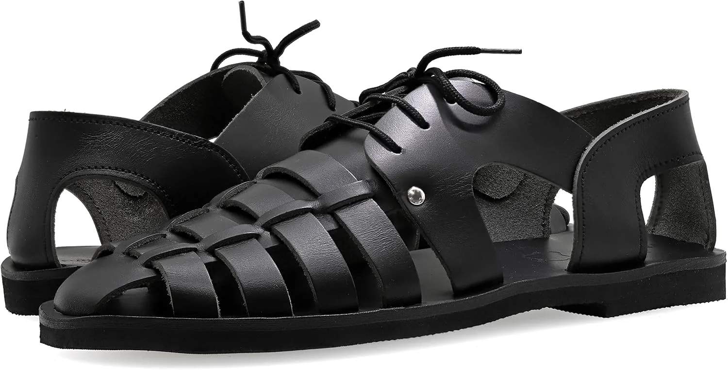 Emmanuela Ancient Greek Style Leather Fisherman Sandals for Men with Laces, Handmade Leather Caged Tie up Men's Sandals, Quality Strappy Summer Shoes Black, Brown, Beige
