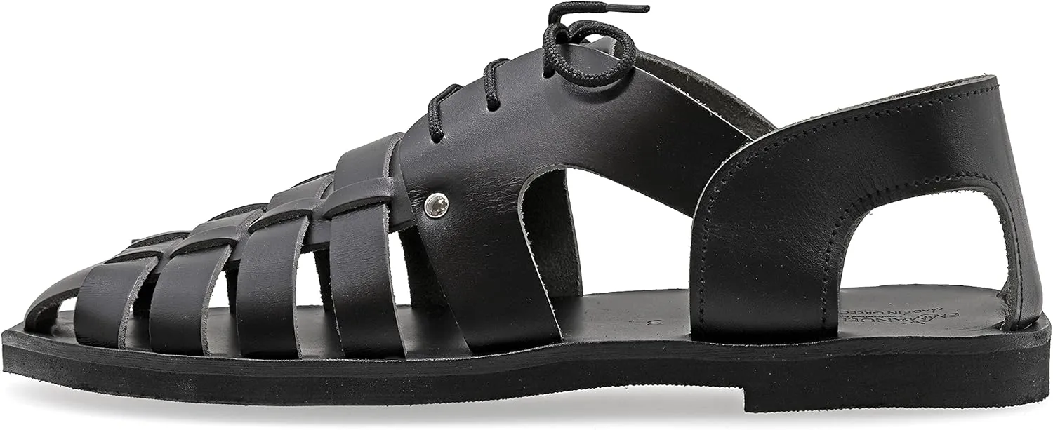 Emmanuela Ancient Greek Style Leather Fisherman Sandals for Men with Laces, Handmade Leather Caged Tie up Men's Sandals, Quality Strappy Summer Shoes Black, Brown, Beige