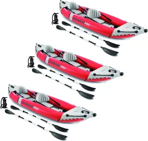 Excursion Pro Inflatable 2 Person Vinyl Kayak with Oars & Pump, Red (3 Pack)