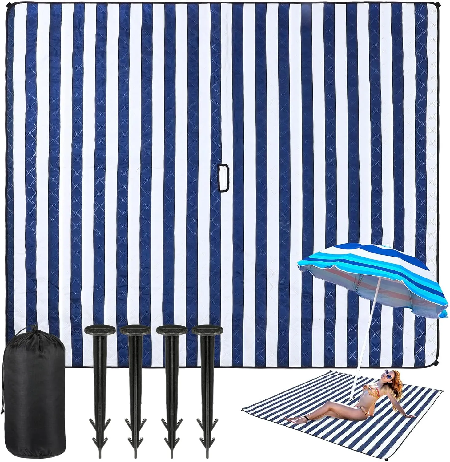 Extra Large Beach Blanket with Umbrella Hole Waterproof 3 Layer Picnic Blanket Beach Mat with Storage Bag and Stakes, Suitable for 6-8 Adults Sandproof for Camping Hiking Park,80''x 80''