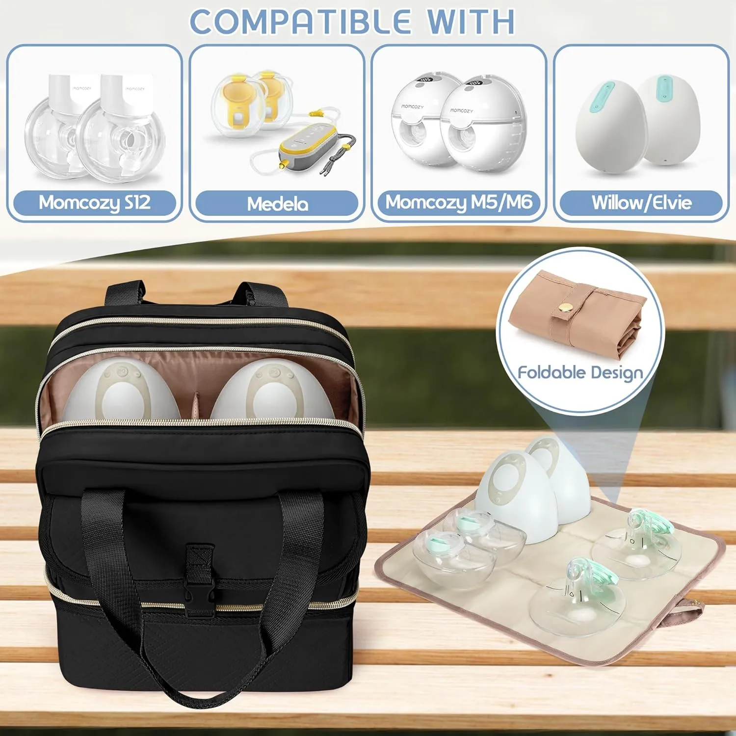 Fasrom Wearable Breast Pump Bag with Cooler Compartment, Compatible with Momcozy, Medela and Elvie Hands Free Pumps, Pumping Travel Bag with Waterproof Mat, Black (Bag Only)