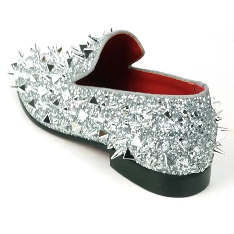 Fiesso FI-7517 Silver Glitter Silver Spikes Slip on Loafers